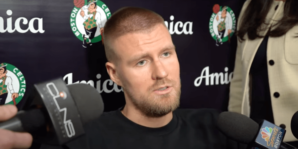 Porzingis speaking with the media after Game 2.